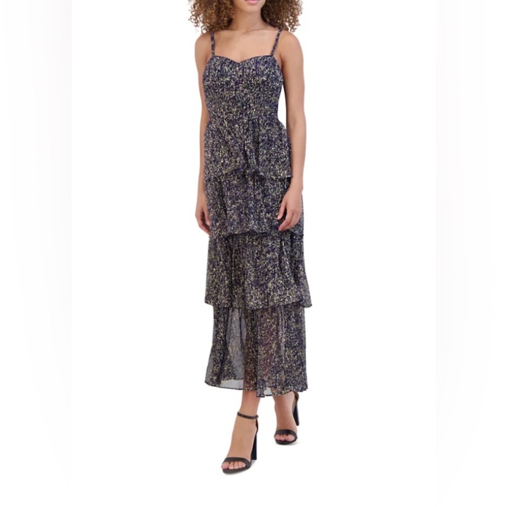 Siena Blue and Gold Women’s Lurex Tiered-Skirt Sweetheart Dress